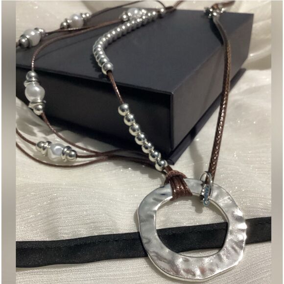 Boho Style Pearl Bead Brown Cord Layered Necklace with Statement Ring Accent - Picture 16 of 16